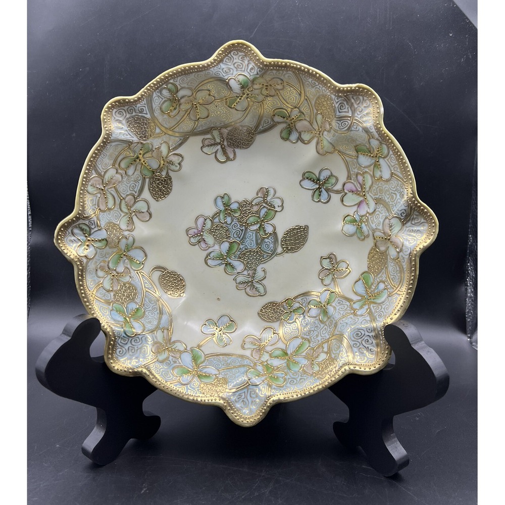 Gorgeous Antique Bavarian 10" Bowl Clover & Gold Cones Thick Gold